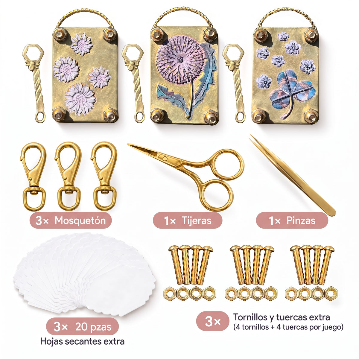 Kit completo: 3 prensas, mosquetones, tijeras, pinzas, hojas secantes y tornillos extra